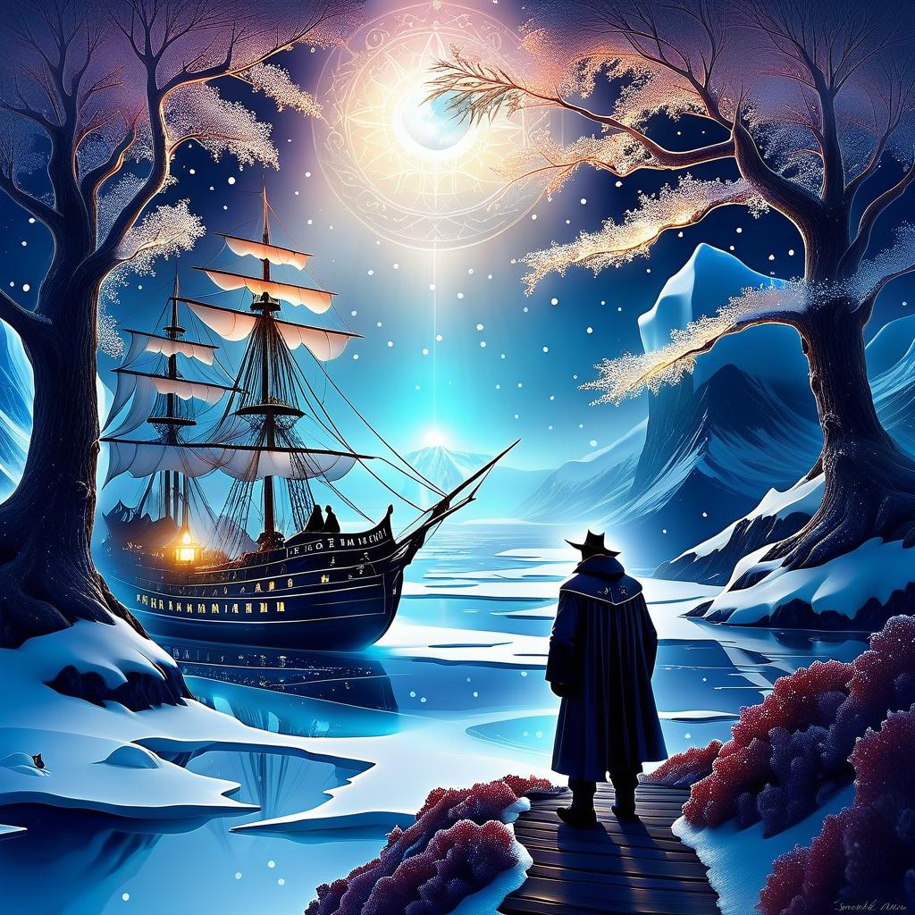  dreamscape we're sailing on an ice floe, like a brigantine on the grey, rugged the seas and all through the night star bears shining their light ♪ to ships far away ♪ . surreal, ethereal, dreamy, mysterious, fantasy, highly detailed