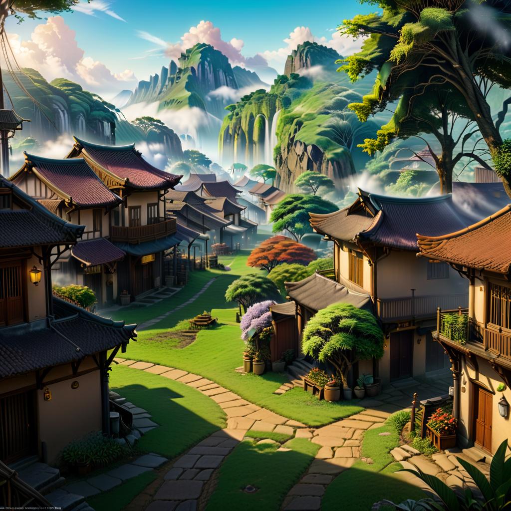  anime artwork a bird's eye view of the village. asrtstation . anime style, key visual, vibrant, studio anime, highly detailed, civitai hyperrealistic, full body, detailed clothing, highly detailed, cinematic lighting, stunningly beautiful, intricate, sharp focus, f/1. 8, 85mm, (centered image composition), (professionally color graded), ((bright soft diffused light)), volumetric fog, trending on instagram, trending on tumblr, HDR 4K, 8K