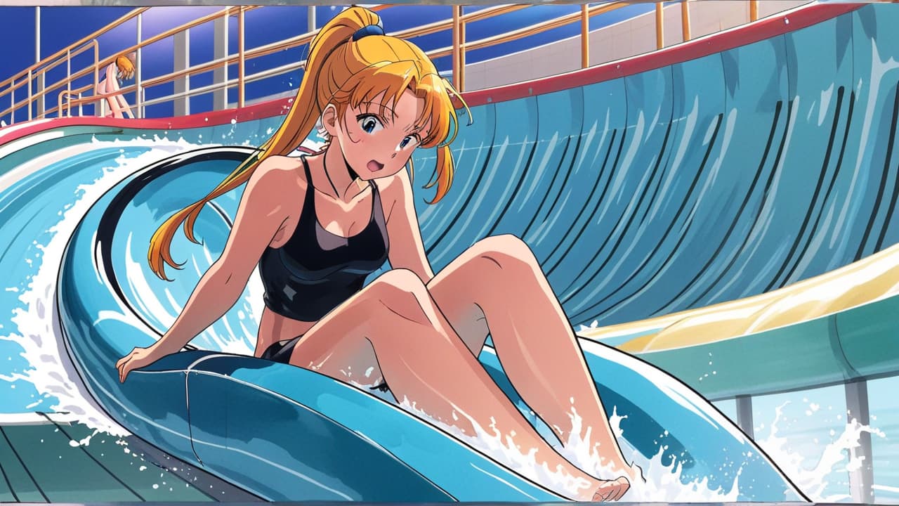  manga artwork cute anime with ponytail sitting, legs straight, sliding down a curved water slide, compeion , close up, low angle, anime style. manga artist. manga, highly emotional. best quality, high resolution