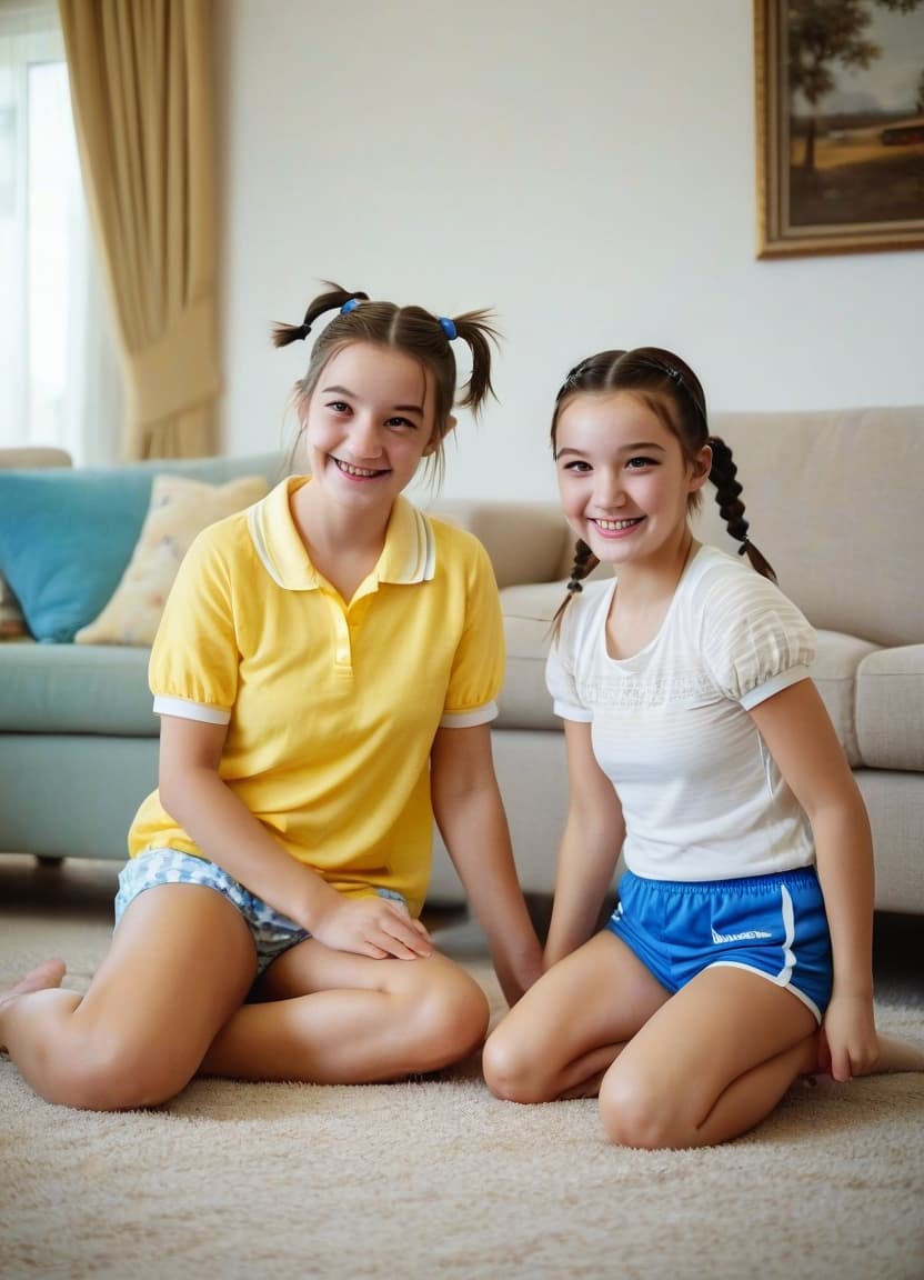  cinematic photo a young woman is playing with a girl in the living room, a girl in a yellow dress, a young woman in a transparent white and blue shorts, a girl with pigtails, big brown eyes, a snub nose and plump lips, a woman with brown hair styled in a disheveled way, expressive brown eyes, a small nose, a plump small mouth and a cute a smile on his face.painting, water watercolor, palette knife drawing. . 35mm photograph, film, bokeh, professional, 4k, highly detailed, film photography style