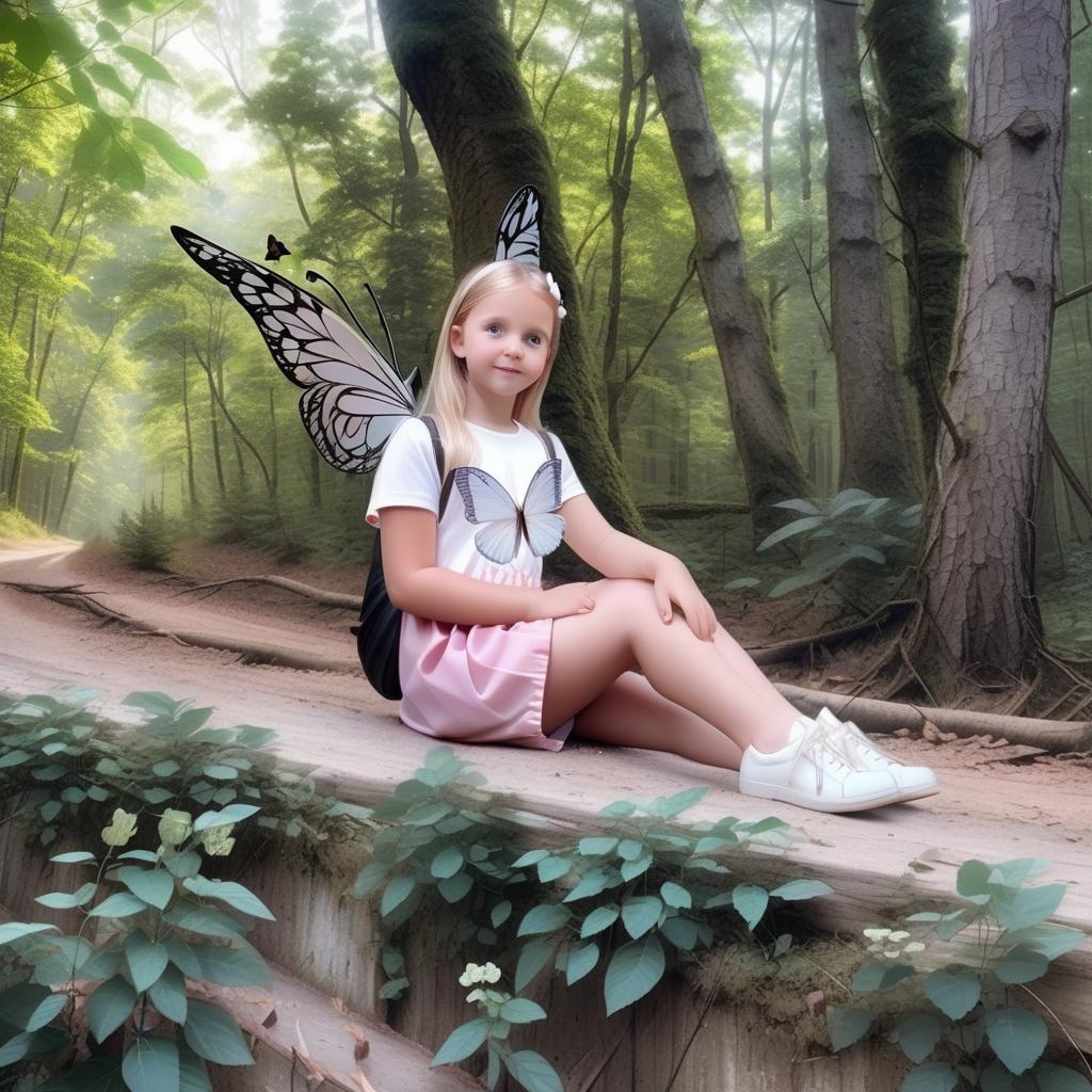  leave the face of the girl in the original photo. the girl has big beautiful butterfly wings behind her. the forest in the background should be fabulous. to the right of the girl is a cute white rabbit and a white hedgehog.