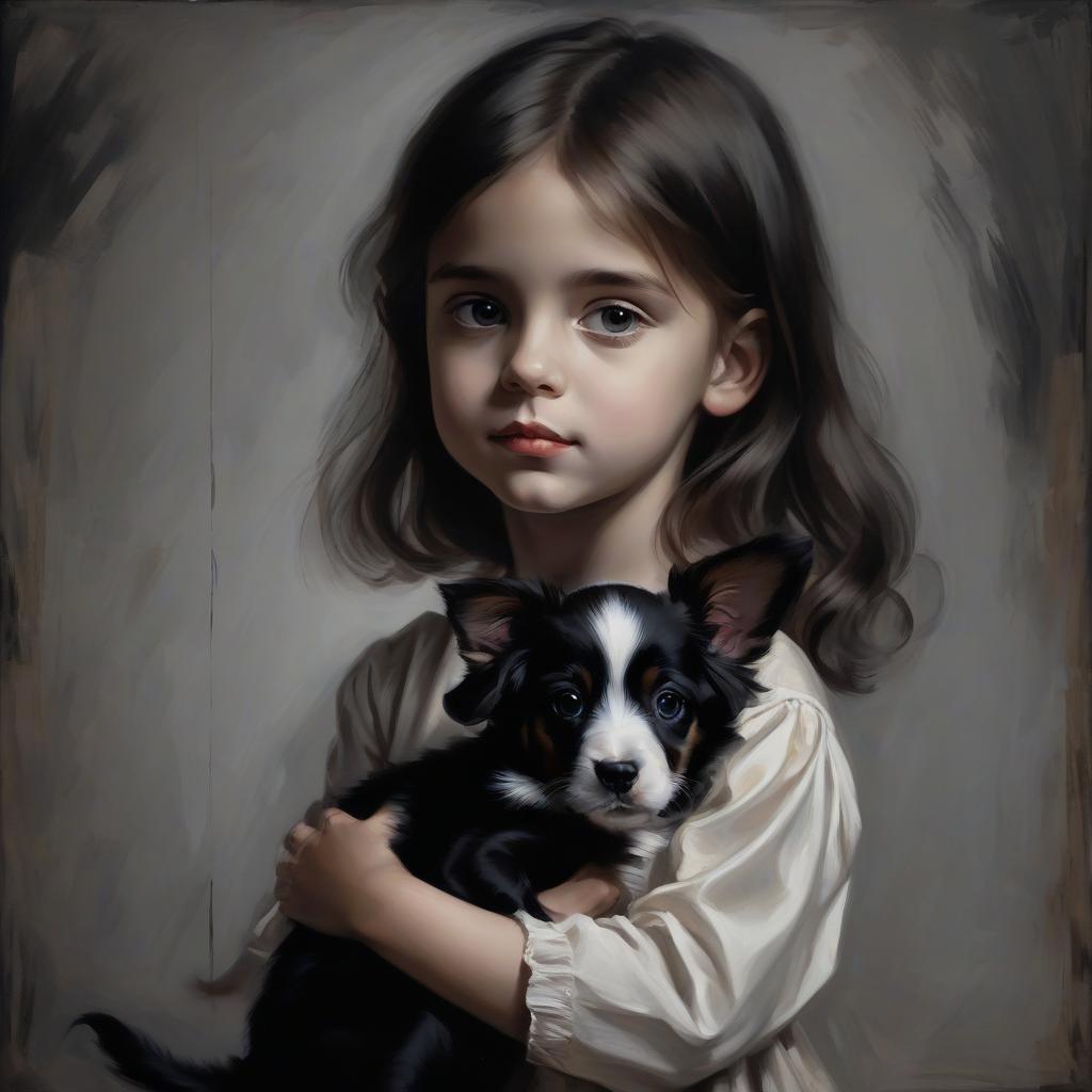  masterpiece. a girl on a black background. a girl with a puppy. graphic painting.