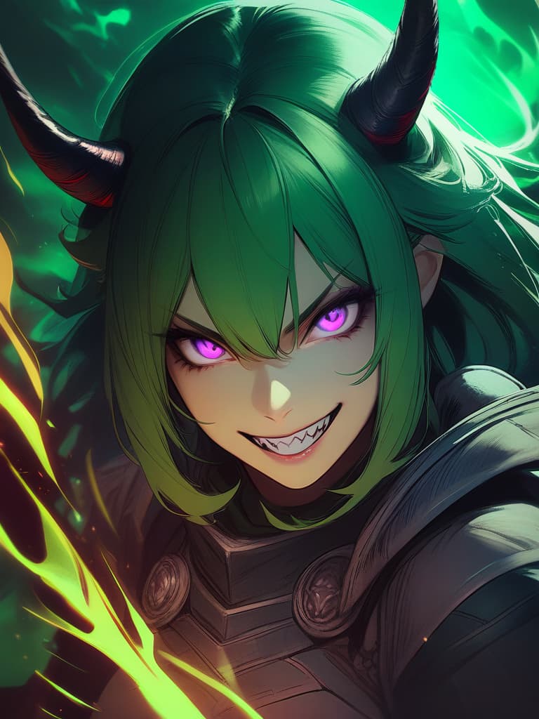  monster hunter monster hunter (character) rajang jinouga gear armor female grin horns sharp teeth teeth (purple eyes) (green hair) (green aura) evil grin evil smile looking at camera smiling monster spikes blood one woman spiked armor partially colored high resolution large file size very high resolution realistic