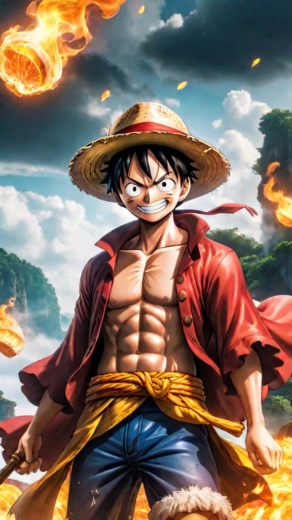  anime art: luffy's resilience and rapid recovery resembling zoan regeneration, hinting at his devil fruit's mystery. hyperrealistic, full body, detailed clothing, highly detailed, cinematic lighting, stunningly beautiful, intricate, sharp focus, f/1. 8, 85mm, (centered image composition), (professionally color graded), ((bright soft diffused light)), volumetric fog, trending on instagram, trending on tumblr, HDR 4K, 8K