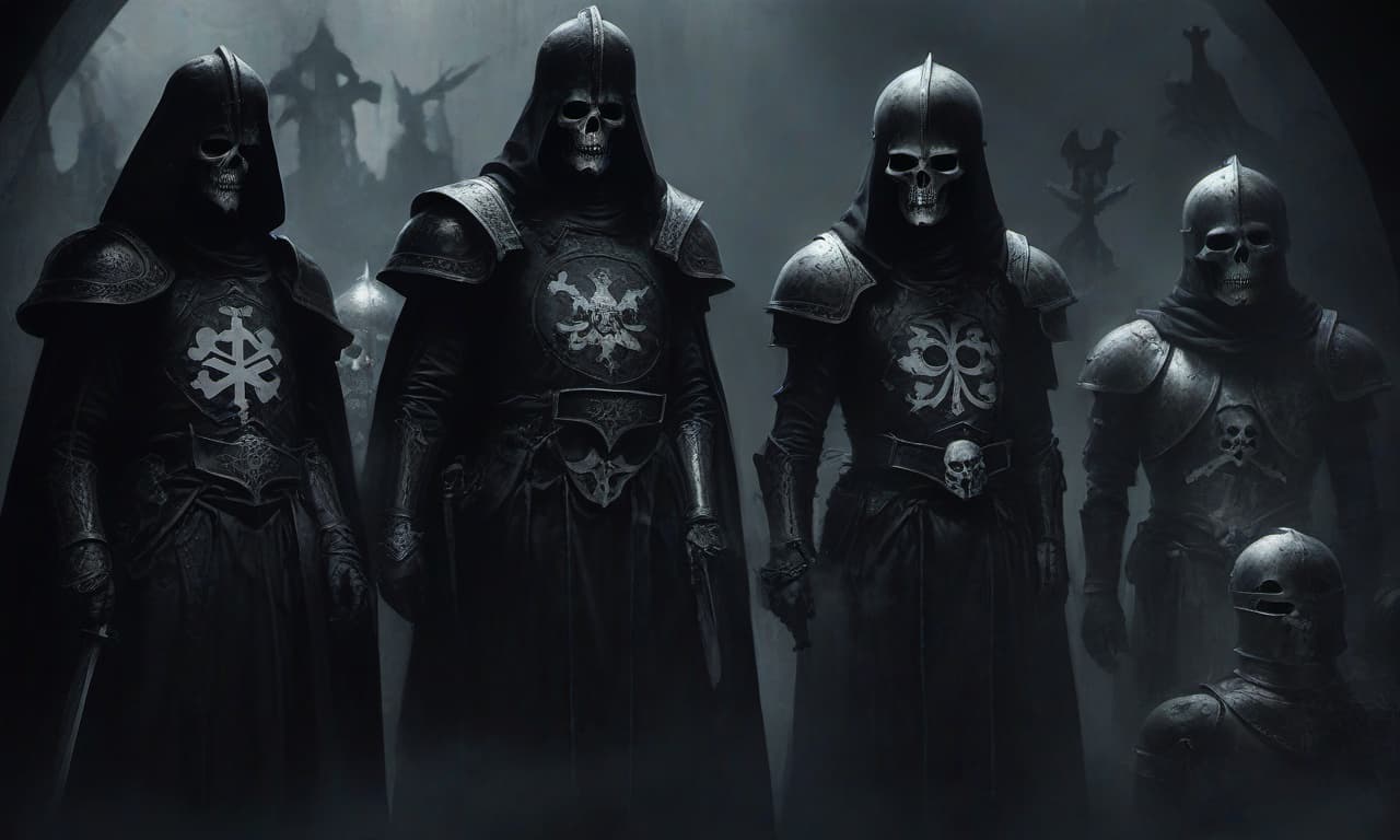  horror themed draw in black white style. the legion of the sons of night, an elite unit of knights, in a black dark universe of horrors, in iron armor with black cloaks, on their shoulder pads on the left is an engraved iron lion, and on the right is a white iron cross, their helmet slightly resembles images of an iron skull. several of these knights stand in a circle, in a black temple. . eerie, unsettling, dark, spooky, suspenseful, grim, highly detailed