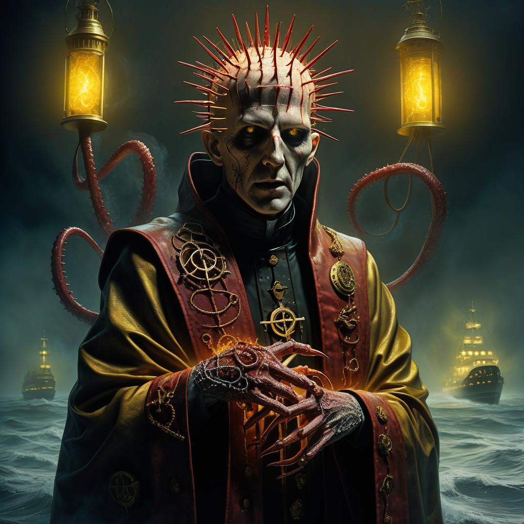  nautical themed hellraiser in a priest's robe in sticky shiny mucus bent down in the fog and the light of yellow lights smoke red sparks spikes horror lovecraft tentacles necronomicon and rings of slurry . sea, ocean, ships, maritime, beach, marine life, highly detailed