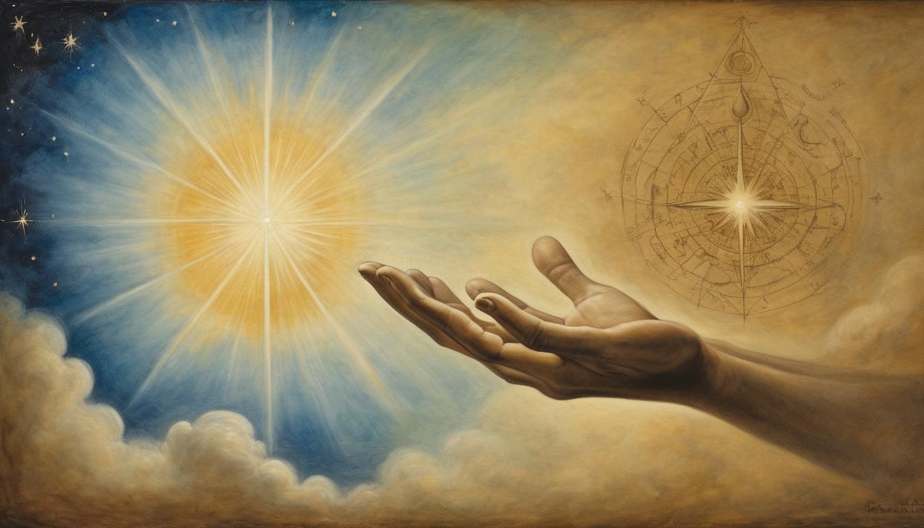  on parchment, surrealism++, a divine hand reaching down from the heavens, luminous and radiant, surrounded by a cosmic aura, sense of divine intervention and guidance(mysterious, provocative, symbolic)++