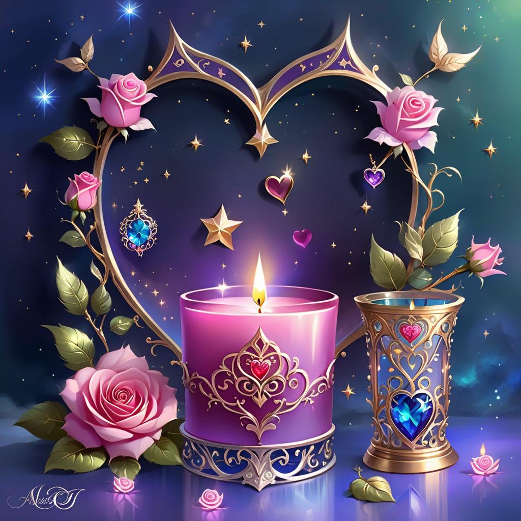  ethereal fantasy concept art of (background):colour:violet blue. (background decoration):silver frames in the shape of hearts and gold fancy stars. (centre):glass square pink candlestick and lighter decorated with fancy roses. (rose colour):pink, dark pink, with cream border. (leaf colour):dark green, green blue, light green. (style):fantasy, fantasy art design, jewellery, interior. . magnificent, celestial, ethereal, painterly, epic, majestic, magical, fantasy art, cover art, dreamy