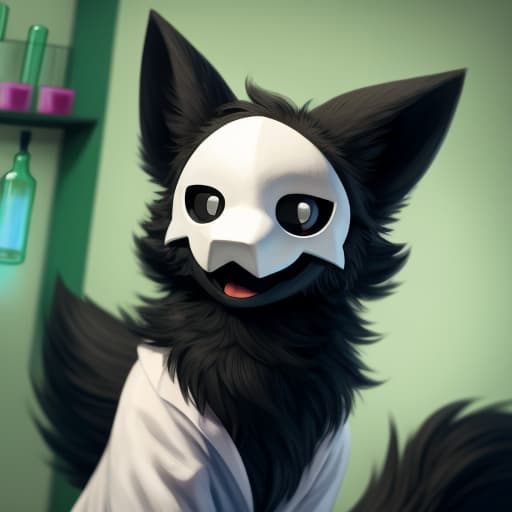  Puro, Fractued Mask, Happy face, Closse eyes, laboratory background, fluffy, Green Paws, Big Tail, Green/Black tail fur, open eyes, digital art, masterpiece, 4k, fine details,