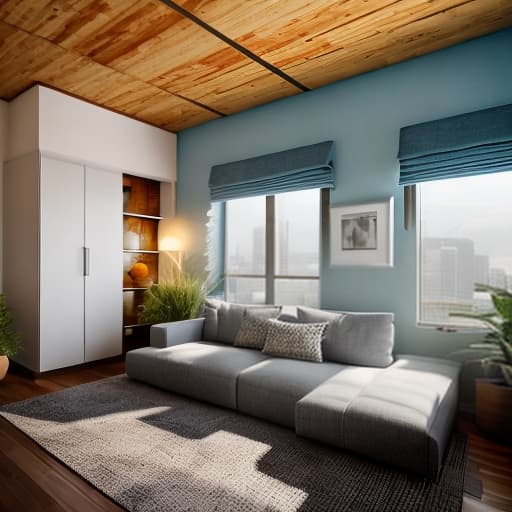 redshift style Eco-friendly interior design for one-roomed house hyperrealistic, full body, detailed clothing, highly detailed, cinematic lighting, stunningly beautiful, intricate, sharp focus, f/1. 8, 85mm, (centered image composition), (professionally color graded), ((bright soft diffused light)), volumetric fog, trending on instagram, trending on tumblr, HDR 4K, 8K