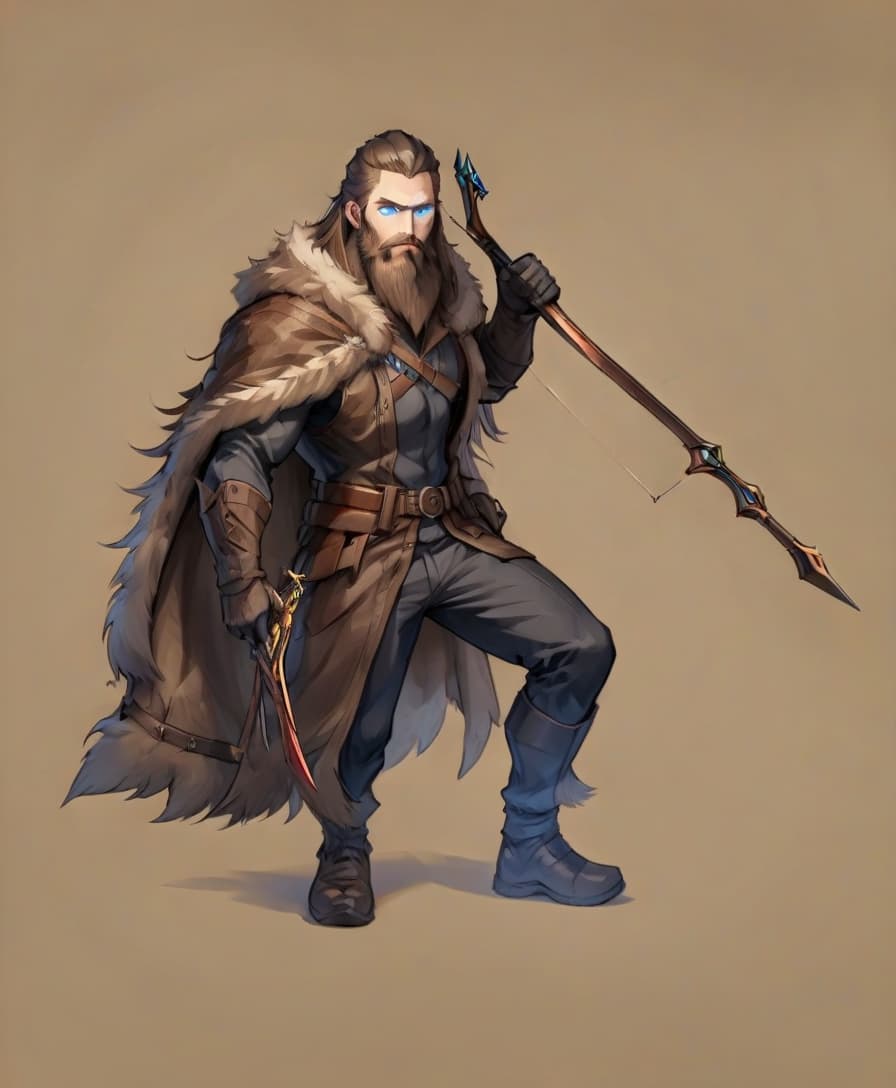  anime artwork strong man, blue eyes, long beard, crossbow , spear, fur cloak, . anime style, key visual, vibrant, studio anime, highly detailed, on parchment