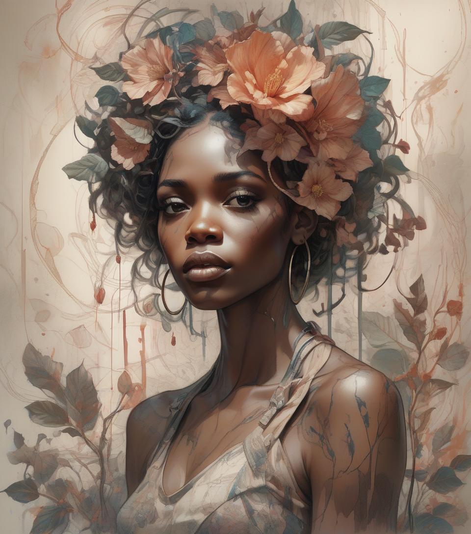  beautiful african woman in a floral background, fine line drawing by harrison fisher and the talent of brian froud, complemented by the abstract depths of jeremy mann, the beauty of carne griffiths' faces, blending the fantastic muscular realism of boris vallejo, layered painting watercolor for striking effect and ultra fine, texture reminiscent of cracked parchment, natural lighting, perfect light natural volumetric cinematic soft, chiaroscuro, award winning photography, maximalist, masterpiece, deep complementary colors, extreme details, beautiful incredibly detailed and complex octane rendering, trending on artstation, dystopian, elemental, ethereal, fanciful, in the style of greg rutkowski