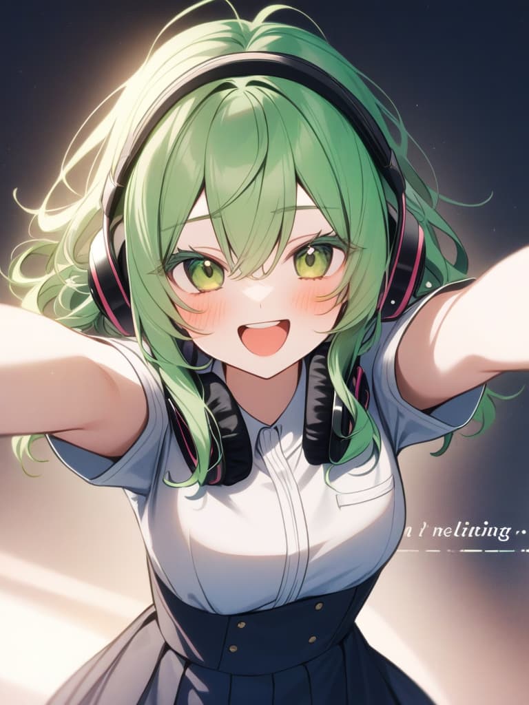  hagakure tohru bangs black clothes black blue clothing collared shirt dress shirt gloves hair between eyes long sleeves mini pleated uniform shirt shirt tucked in short sleeves rolled up sleeves uniform white shirt blush s age eyelashes woman (((with open arms:1.3))) (((i'm feeling excited))) (((headphones:1.3))) green eyes green hair big s medium length hair messy hair short hair teeth upper teeth upper teeth only smirk open mouth open mouth smile one arm outstretched smiling v sign looking at camera one woman alone english language english text text colored eyelashes curly hair ai created