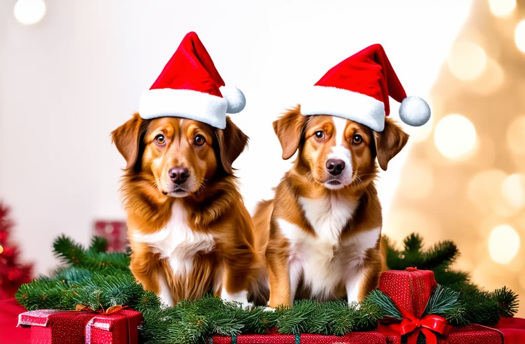  professional detailed photography, cute dogs in christmas hats on blurred background ar 3:2, (muted colors, dim colors, soothing tones), (vsco:0.3)