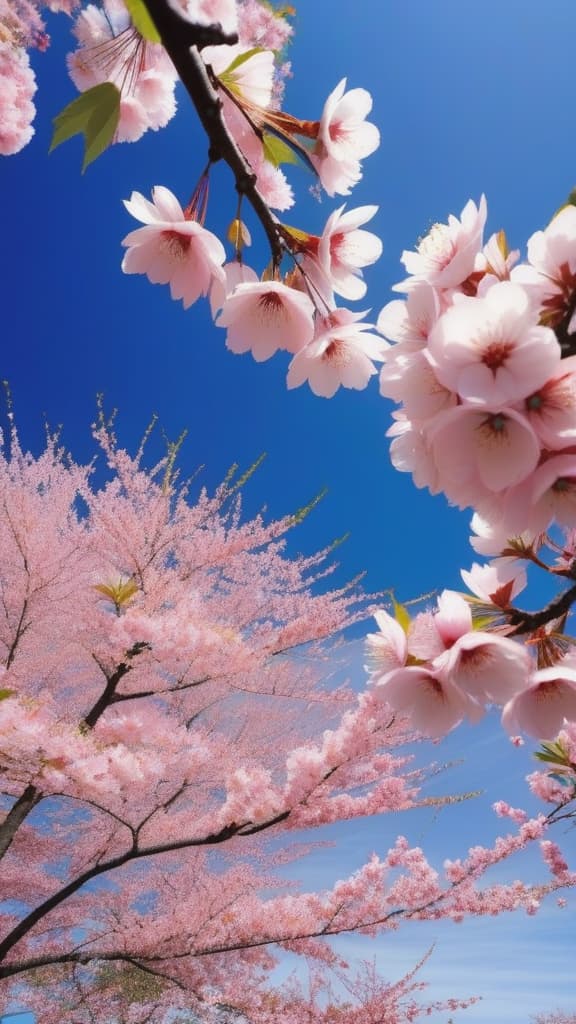  a blooming cherry blossom tree, with delicate pink petals set against a clear dark blue sky.