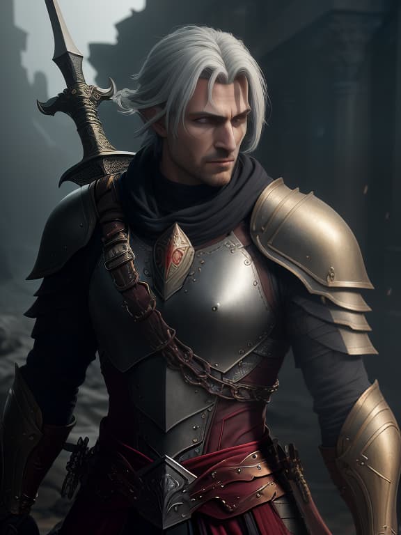  Portrait of a Tiefling paladin, with a long sword in his right hand and a shield in his left hand, with scarlet skin and completely golden eyes, in chain mail, shot 35 mm, realism, octane render, 8k, trending on artstation, 35 mm camera, unreal engine, hyper detailed, photo realistic maximum detail, volumetric light, realistic matte painting, hyper photorealistic, trending on artstation, ultra detailed, realistic hyperrealistic, full body, detailed clothing, highly detailed, cinematic lighting, stunningly beautiful, intricate, sharp focus, f/1. 8, 85mm, (centered image composition), (professionally color graded), ((bright soft diffused light)), volumetric fog, trending on instagram, trending on tumblr, HDR 4K, 8K