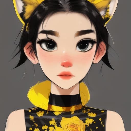  a young and slim but toned female with panther ears and fluffy tail with cat designs, dark semi short black hair, yellow eyes, cute freckles on my cheeks and nose, soft rose cheeks and lips. wearing a yellow, black and white emperor dress. has powers to grow yellow roses wherever she steps.tribal