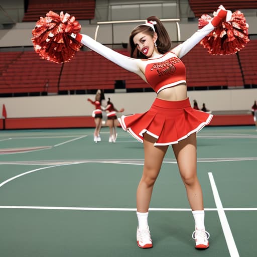  Cheer leader in a red skirt with brown hair full body picture