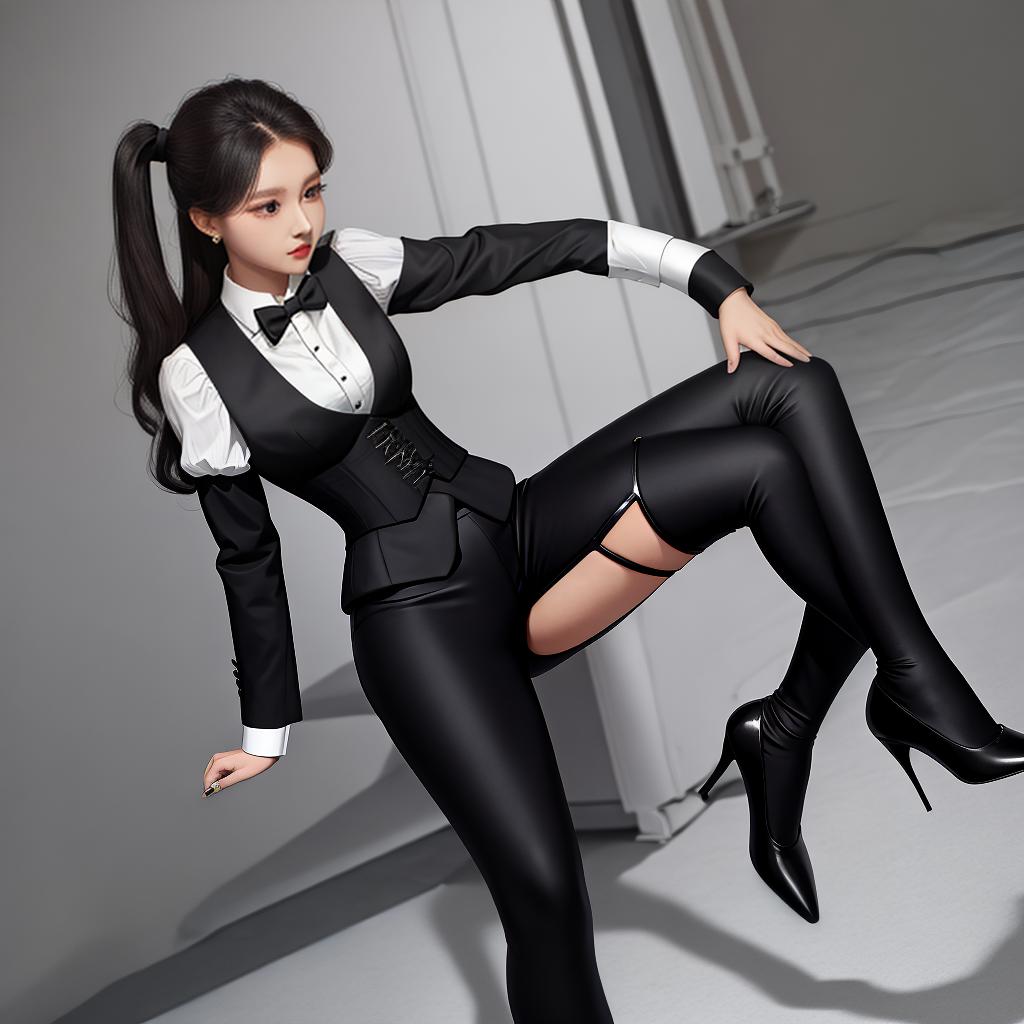  masterpiece, best quality,Formal outfit, black leggings, white corset vest, slim black blazer, black pumps,