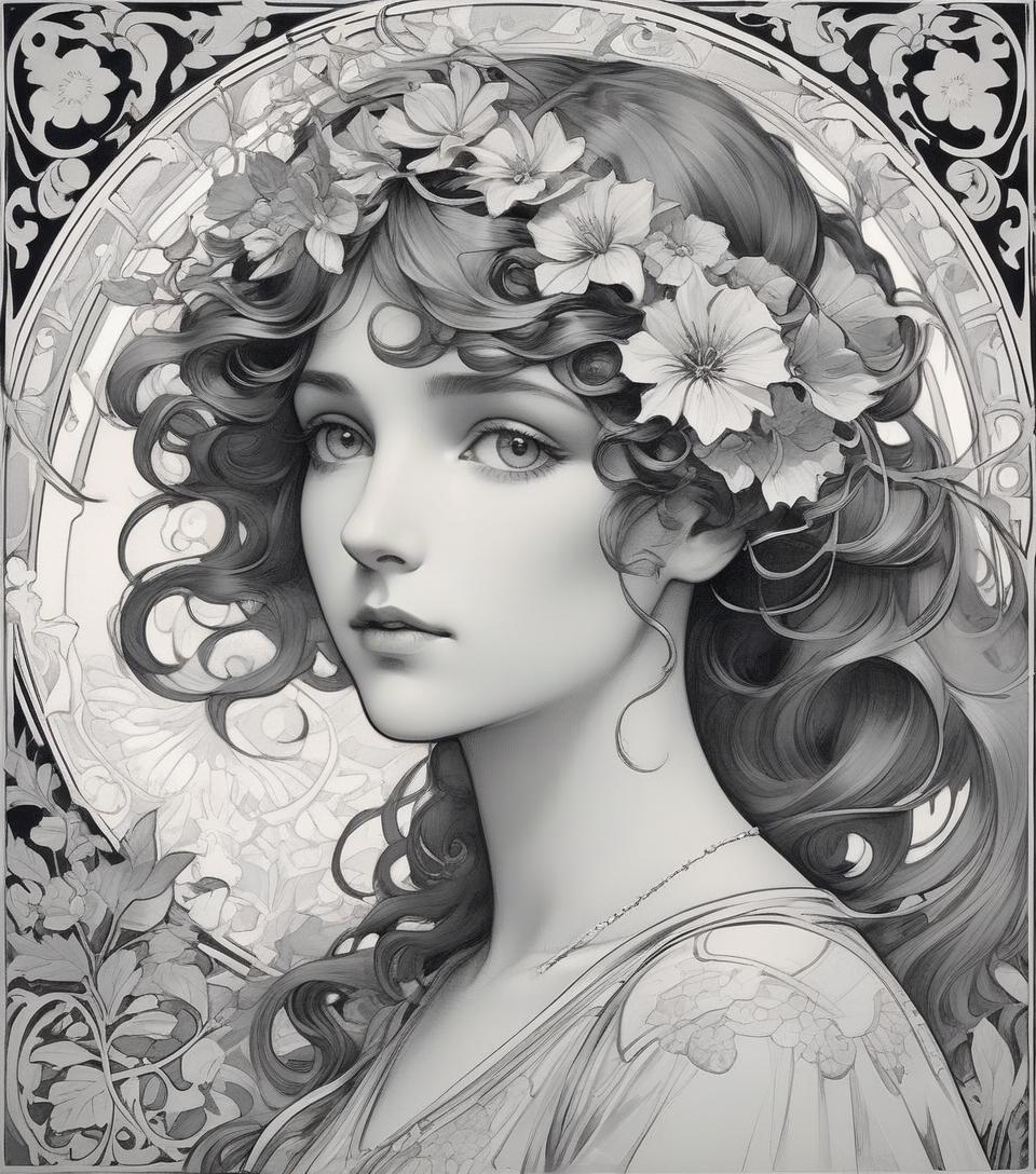  exquisite, filigree, charming female portrait:: black and white graphics, gray gradation, head and shoulders :: secession, art nouveau :: complex floral ornament in the style of alphonse mucha, william morris :: ferdinand knab ::: alphonse fly:: gustave klimt::: gustave dore :::: wlop:::: modern::: modern:::: modern european ink painting:: pre raphaelite beautiful:: complex:::::::: over detailed:::::::