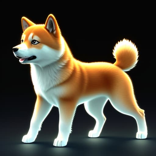  Transparent hologram of a Shiba Inu, mid-walk, appearing to wag its tail, ethereal glow, cast on a dark backdrop, precise edges and intricate fur texture visible, floating slightly above the surface it is projected on, ambient light reflecting off its digital form, volumetric effect, ultra-fine details in a 3D digital rendering