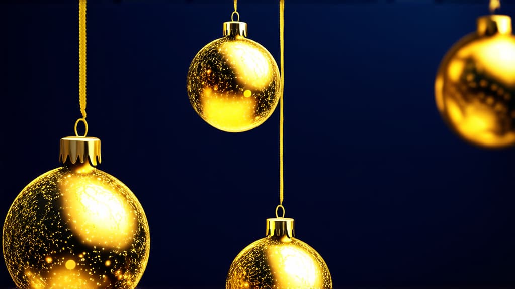  epic realistic, hyperdetailed, (cycles render:1.3), caustics, (glossy:0.58), (artstation:0.82),three golden sparkling christmas balls hanging on the left side on a dark blue background ar 16:9