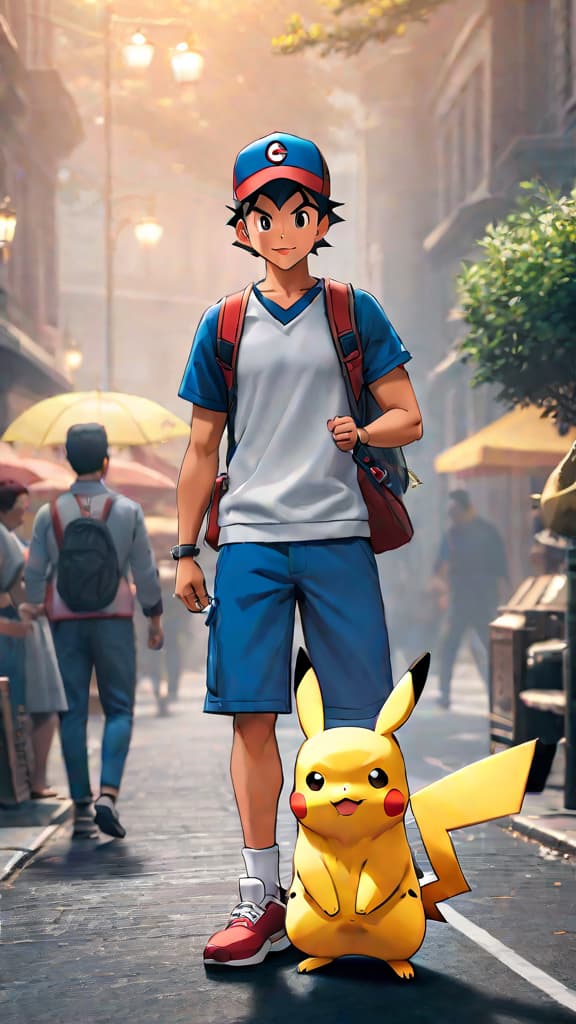  ash ketchum receiving pikachu as his first pokémon, pokémon anime art, bright and joyful scene hyperrealistic, full body, detailed clothing, highly detailed, cinematic lighting, stunningly beautiful, intricate, sharp focus, f/1. 8, 85mm, (centered image composition), (professionally color graded), ((bright soft diffused light)), volumetric fog, trending on instagram, trending on tumblr, HDR 4K, 8K