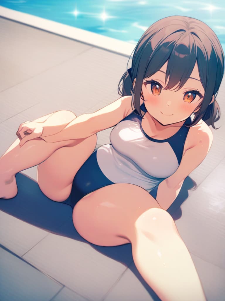  s, twin tails, cute smiles, swimwear, men (), () swelling, (swelling), poolside, whole body,