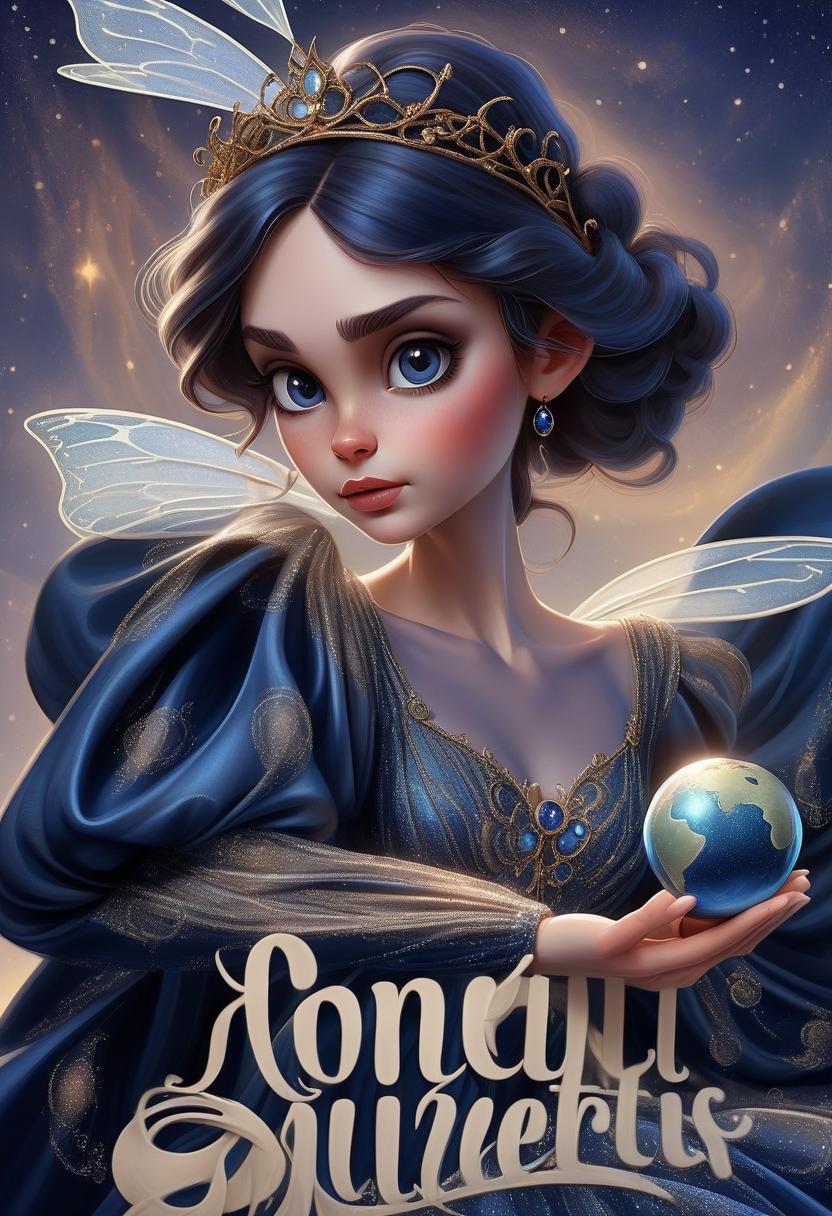  fairy tale enchantress in dark blue shimmering evening dress with airy long sleeves holding a small planet. her dark wavy hair is loose. photorealism. looking directly into the camera. . magical, fantastical, enchanting, storybook style, highly detailed