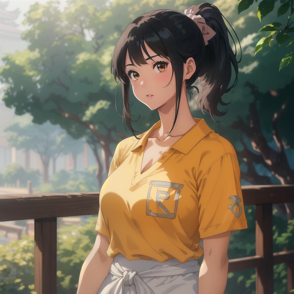  (((anime full torso frontal head shot of a light tan skin tone woman))), kana megumi hara, ((japanese heritage)), immature face, brown eye color, ((ponytail hair style)), ((black hair color)), ((curvy body type)), big size, big size, (immature straight slender nose), (immature round cheeks), (immature soft jawline), (immature medium lips), (immature low forehead), (immature even eyebrows), (immature pointed chin), standing straight looking directly into the camera,((wearing fitted polo shirt with deep v neck and monogrammed pocket)), backyard in background, 1girl, best quality, highest quality, award winning photo, masterpiece, raw, professional photography, photorealism, sharp focus, cinematic, high resolution, sharp, shar hyperrealistic, full body, detailed clothing, highly detailed, cinematic lighting, stunningly beautiful, intricate, sharp focus, f/1. 8, 85mm, (centered image composition), (professionally color graded), ((bright soft diffused light)), volumetric fog, trending on instagram, trending on tumblr, HDR 4K, 8K