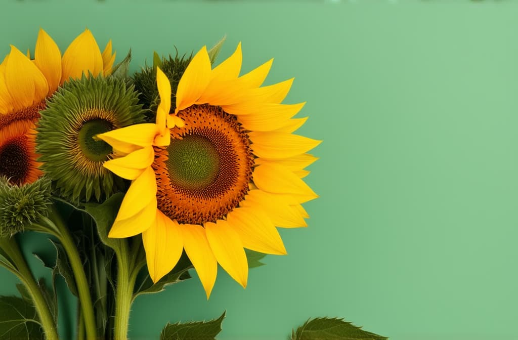  professional detailed photography, close up of a bouquet of sunflowers on a plain green background, clear details, sharp details, space for text on the right ar 3:2, (muted colors, dim colors, soothing tones), (vsco:0.3)