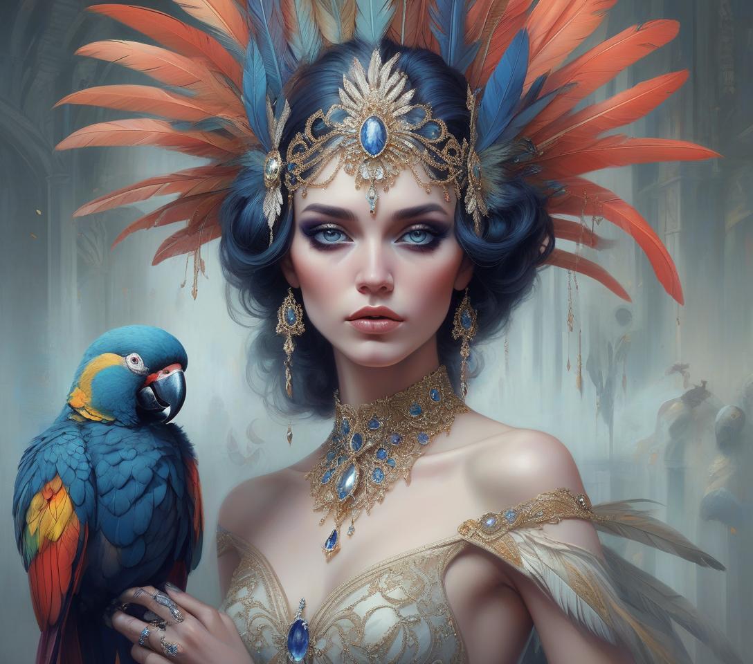  hyper realistic, hyper detailed fantasy art; elegant, intricate, detailed, symmetrical face, accurate anatomy and eyes by tom bagshaw, magali villenueve; karol bak, of a beautiful woman with colorful parrot feather headdress and shoulder jewelry, diamonds, sapphires, insanely detailed, artgerm, wlop, tom bagshaw, magali villenueve; karol bak, photograph taken on nikon d750, intricate, digital illustration