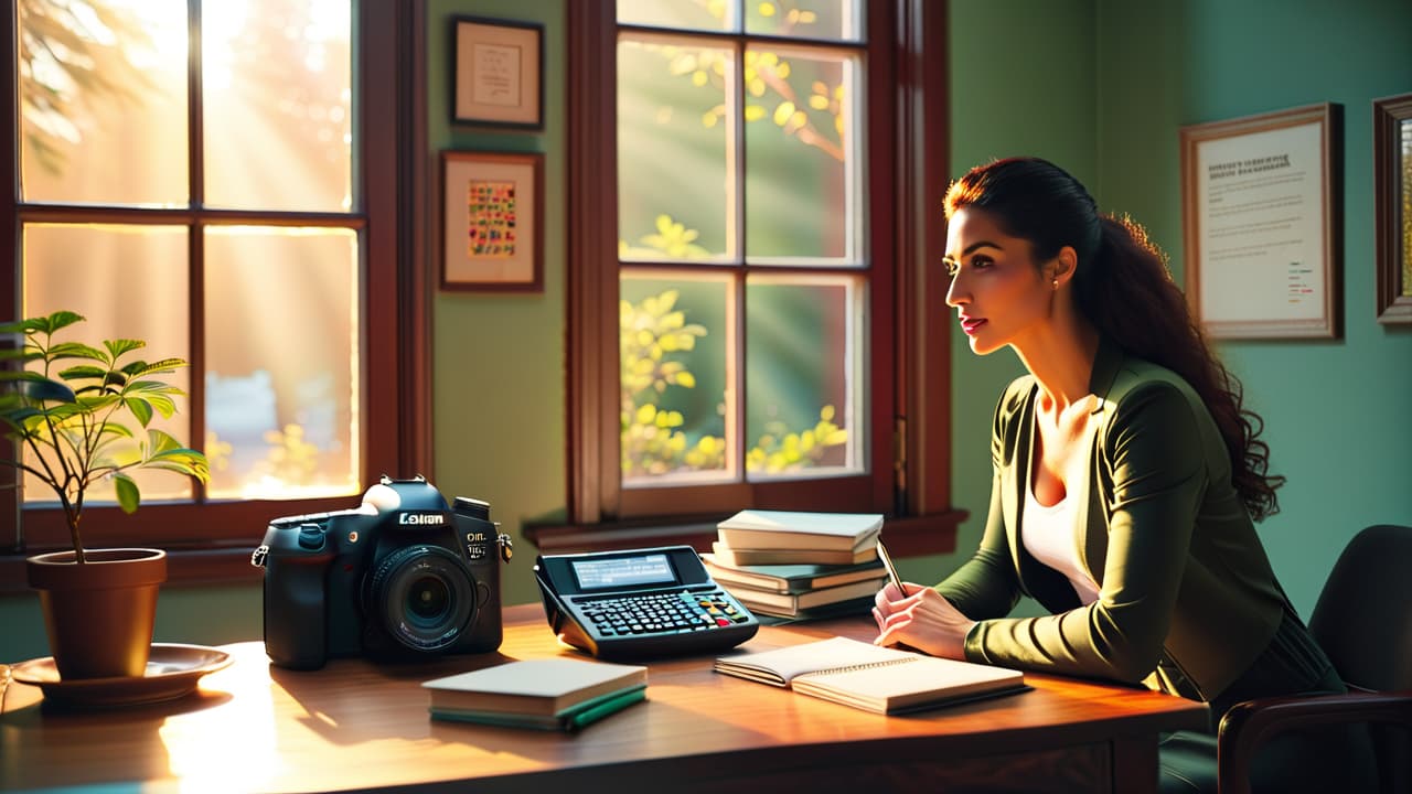  a serene workspace featuring a stylish desk with a camera, a notepad with pricing sketches, a calculator, and a laptop displaying a photography portfolio. sunlight filters through a window, creating a warm atmosphere. hyperrealistic, full body, detailed clothing, highly detailed, cinematic lighting, stunningly beautiful, intricate, sharp focus, f/1. 8, 85mm, (centered image composition), (professionally color graded), ((bright soft diffused light)), volumetric fog, trending on instagram, trending on tumblr, HDR 4K, 8K