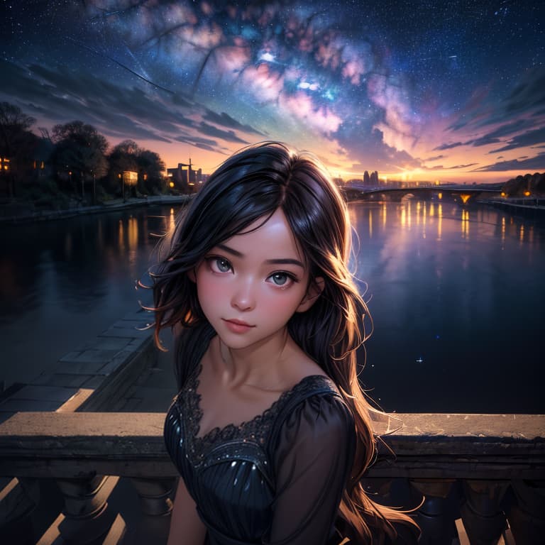  (masterpiece:1.3, photorealsitic:1.4, 8k), hyperrealistic, highly detailed, sharp focus, (professionally color graded), ((bright soft diffused light)), octans, scenery, starry night sky, reflections, cloud, city, (landscape), a mysterious and beautiful sky, a cute young sadly looking up at the sky