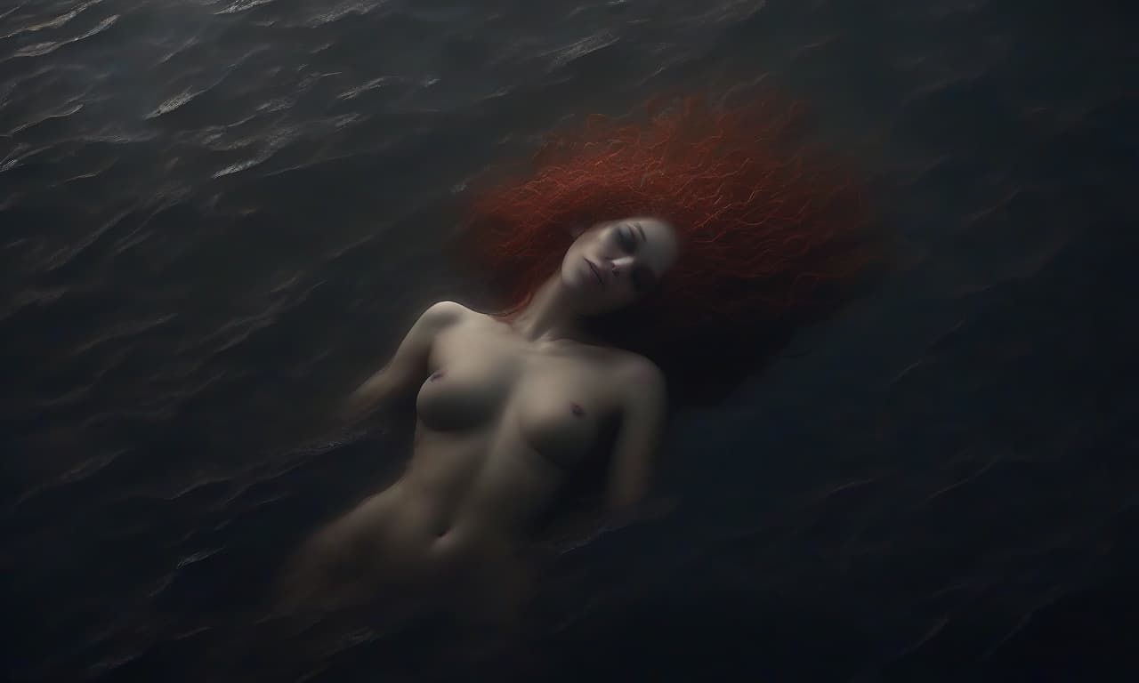  horror themed a bird's eye view of the water. a naked woman with curly red hair and a beautiful figure floats on the water. fog all around . eerie, unsettling, dark, spooky, suspenseful, grim, highly detailed