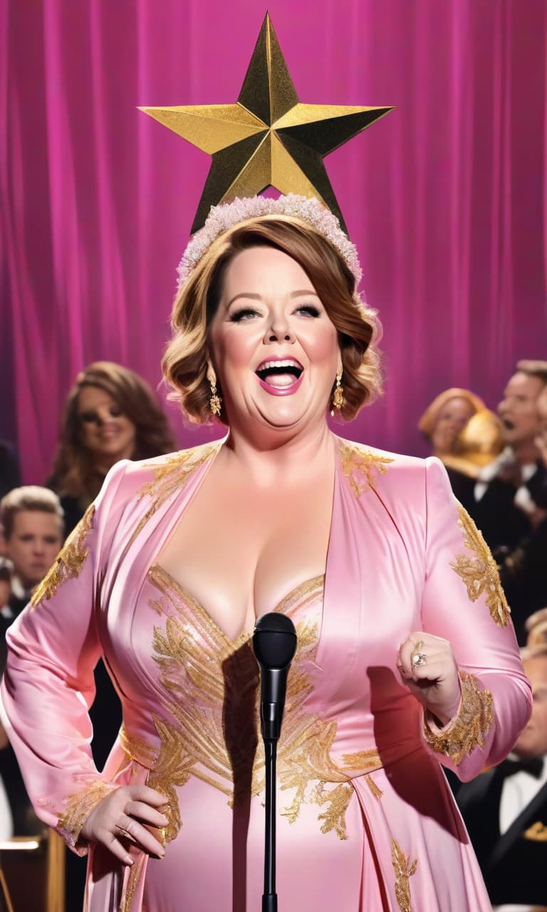  concept art pink, gold, black, white melissa mccarthy performs on stage there's a star on her head . digital artwork, illustrative, painterly, matte painting, highly detailed, perfect hands