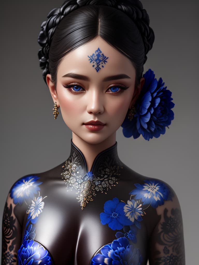  Close-up porcelain female figurine, looking to the camera, glossy surface, glaze, shiny, blue floral tattoos on her, dark gradient background, baroque dark style, hyperrealistic, CG society, intricate details