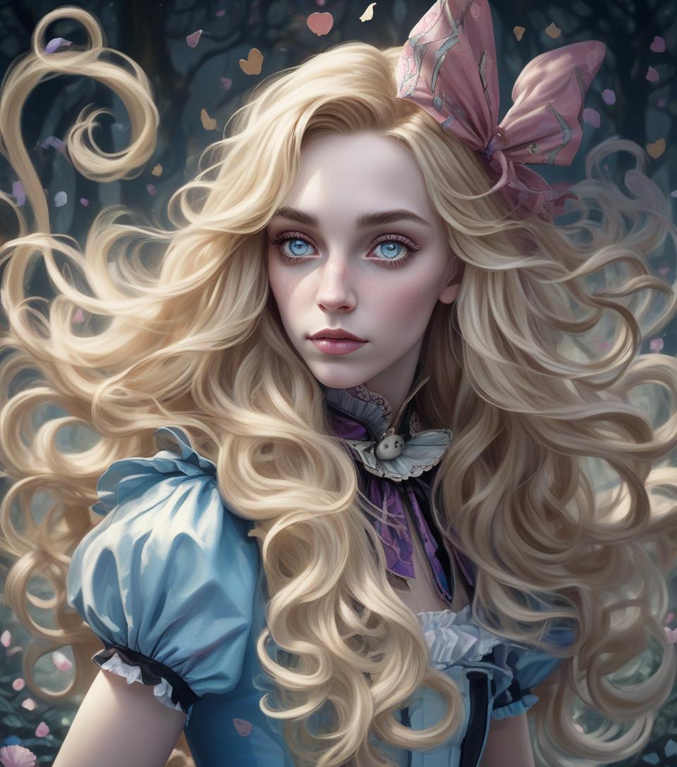  breathtaking beauty, ((portrait)) of twisted ((alice in wonderland)) long flyaway wavy blonde hair, cute, whimsical, intricate, foreboding, audacious detailed fantasy, moonlight and shadows charming, fabled colors, dark vision ((skyrim)) digital art magnum opus