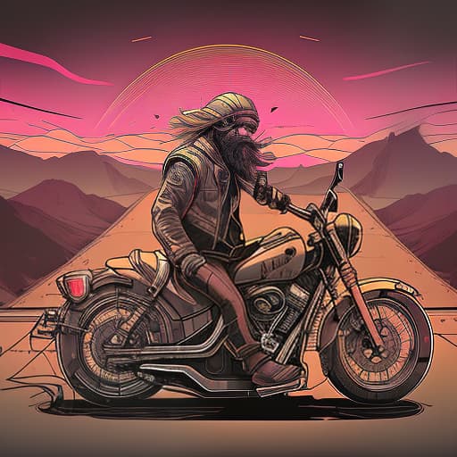 nvinkpunk a bald rocker with a goat beard rides a harley davidson motorcycle on the road through the desert, day, cracks in the asphalt, no markings, clear weather, desert of mexico; clothing: leather vest, boots, tattoos on hands