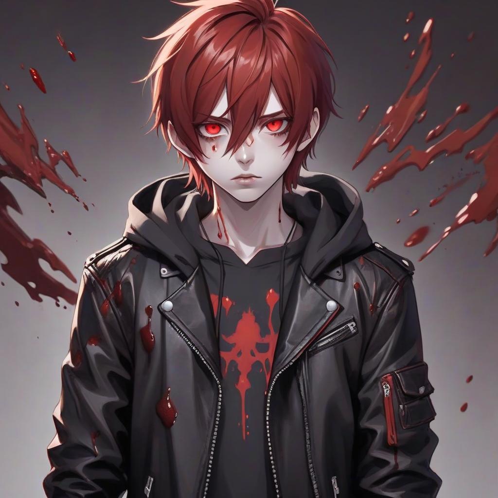  a young man. red hair. pale skin. red eyes. blood on your face. leather jacket, under leather jacket hoodie. anime style portrait.