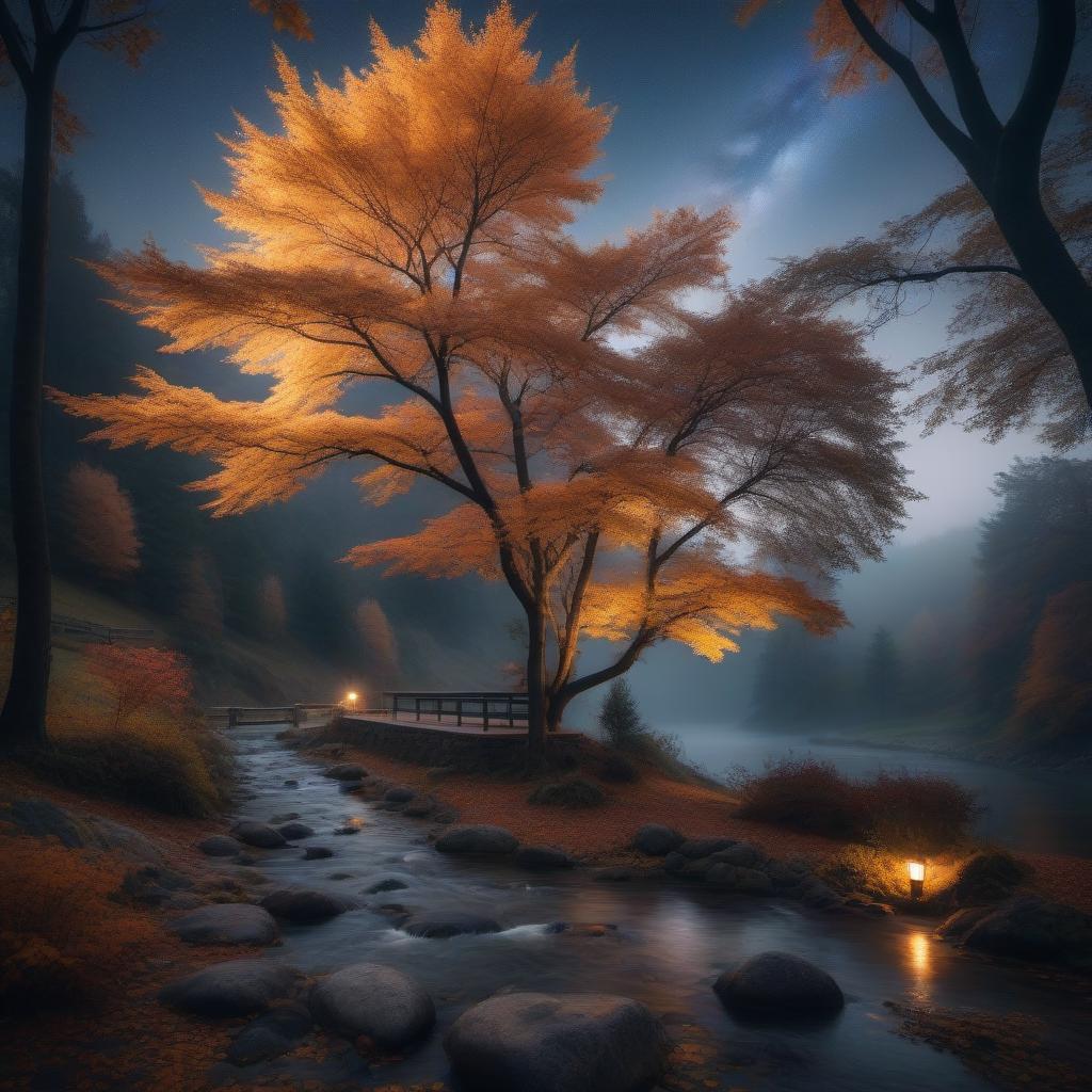  An autumn evening with beautiful lights and stars, a magnificent landscape hyperrealistic, full body, detailed clothing, highly detailed, cinematic lighting, stunningly beautiful, intricate, sharp focus, f/1. 8, 85mm, (centered image composition), (professionally color graded), ((bright soft diffused light)), volumetric fog, trending on instagram, trending on tumblr, HDR 4K, 8K