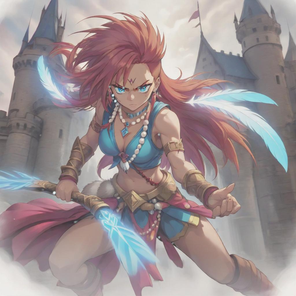  long exposure photo of portrait of strong rage amazonas warrior with paired blades in hand. blue eye. long red hair. tilting head down, magenta mantle, shoulder pad feather, accessory necklace with pearls on the forehead, against the background of the castle siege . blurred motion, streaks of light, surreal, dreamy, ghosting effect, highly detailed, sticker, hkmagic