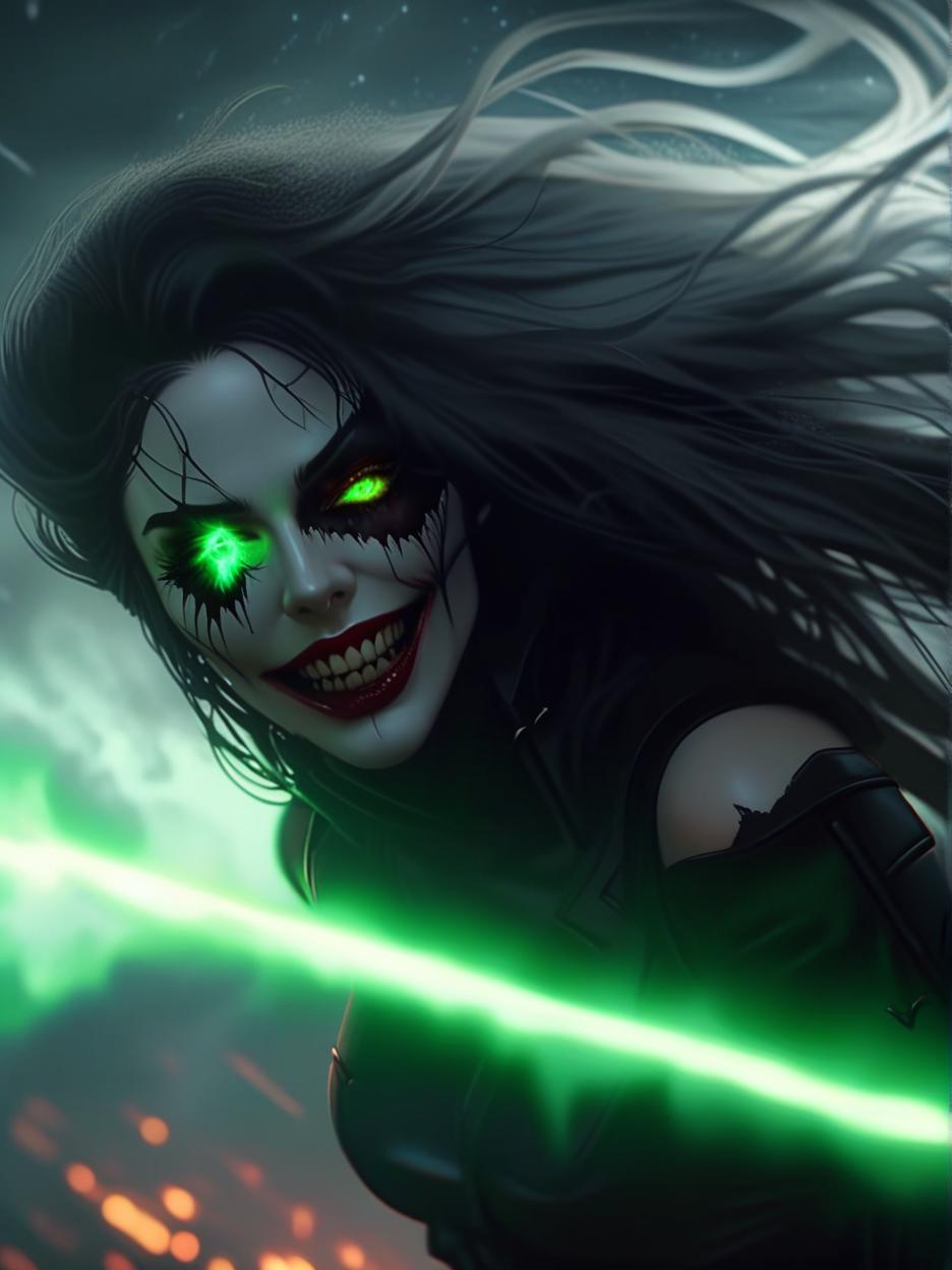  best quality, hd, hauntingly beautiful yet extremely terrifying female cosmic horror entity with glowing green eyes, pale white skin, long white hair, and an extremely wide evil smile with the skin of her cheeks horizontally ripped from the corner of the lip up the cheek and torn with very long fanged teeth with a cosmic background remove green from bottom of picture hyperrealistic, full body, detailed clothing, highly detailed, cinematic lighting, stunningly beautiful, intricate, sharp focus, f/1. 8, 85mm, (centered image composition), (professionally color graded), ((bright soft diffused light)), volumetric fog, trending on instagram, trending on tumblr, HDR 4K, 8K