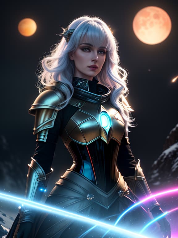  surrealistic image of a space theme, (planets, outer space, stars, twilight, detailed), 1 young , a knight, looking at the viewer, with long hair, snow white hair color, closed armor made of metal, leather corset, metal shoulder pads, made of thin metal plates, parted lips, (she is enveloped in an aura of warm neon luminescent light), (extremely detailed oil painting:1.2), glow effects, godrays, hand drawn, render, 8k, octane render, cinema 4d, blender, dark, atmospheric 4k ultra detailed, cinematic sensual, sharp focus, humorous ilration, big depth of field, masterpiece, colors, 3d octane render, 4k, concept art, trending on artstation, hyperrealistic, vivid colors, extremely detailed cg unity 8k wallpaper, trending on  hyperrealistic, full body, detailed clothing, highly detailed, cinematic lighting, stunningly beautiful, intricate, sharp focus, f/1. 8, 85mm, (centered image composition), (professionally color graded), ((bright soft diffused light)), volumetric fog, trending on instagram, trending on tumblr, HDR 4K, 8K