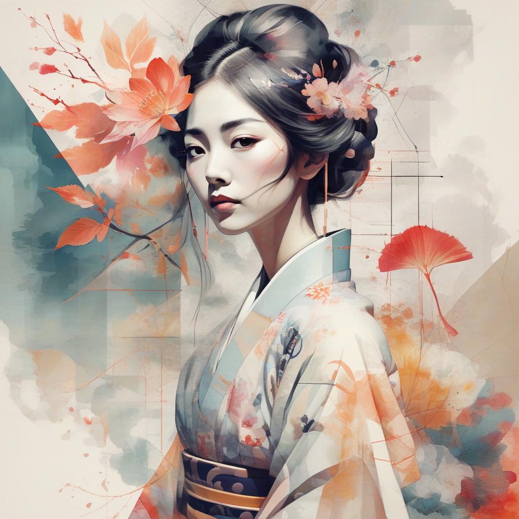  create a double exposure portrait of a japanese courtesan that blends abstract, artistic textures, such as splashes of watercolor and light effects, with sharp geometric shapes and lines. the portrait should capture the essence of the woman's personality, adding a dreamy or mysterious feel through the use of abstract patterns, and adding a modern, stylish look through the use of geometric shapes overlapping or merging with his form. there can be flowers on top of geometric lines. the combination of these elements should symbolize the multifaceted nature of the human spirit and the intersection of tradition and modernity, and should evoke a sense of complexity and depth.