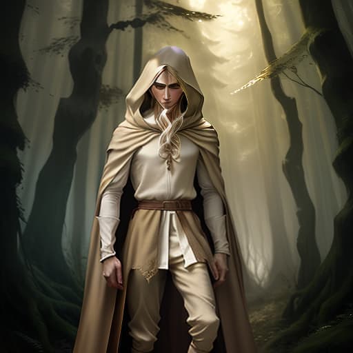  short and slender elf with fair skin, with long straw hair, dressed in a white shirt and beige pants, a brown cloak hangs on his shoulders, a gloomy forest, medieval fantasy