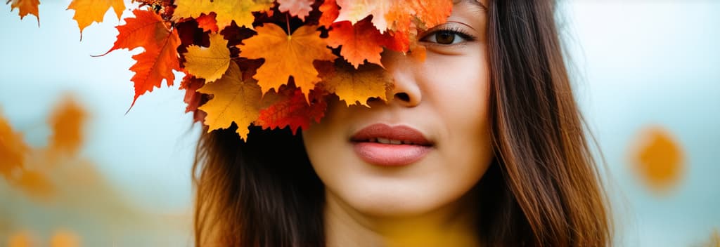  banner a portrait of a young asian woman in a creative style with a large floral arrangement and autumn leaves ((((covering her face)))), emphasizes bright colors and a surreal atmosphere ar 3:1, (natural skin texture), highly detailed face, depth of field, hyperrealism, soft light, muted colors