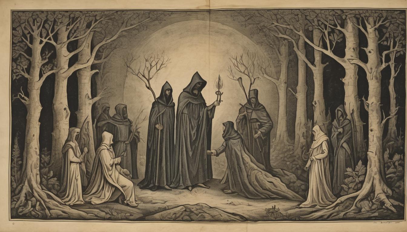  on parchment, surrealism++, hooded figures surrounding and shielding younger figures, background of dark forest, protection, guidance, guardian like(mysterious, provocative, symbolic)++