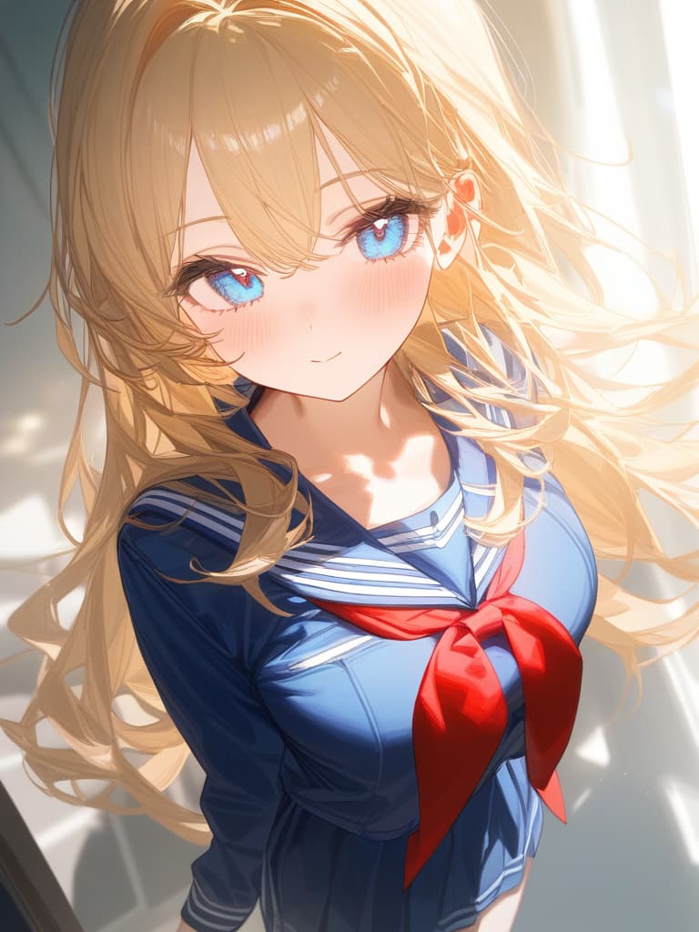  long hair long hair, heart love chan, cute, whole body, sailor suit, blonde, light blue eyes, confident face, front, masterpiece, best quality,8k,ultra detailed,high resolution,an extremely delicate and beautiful,hyper detail