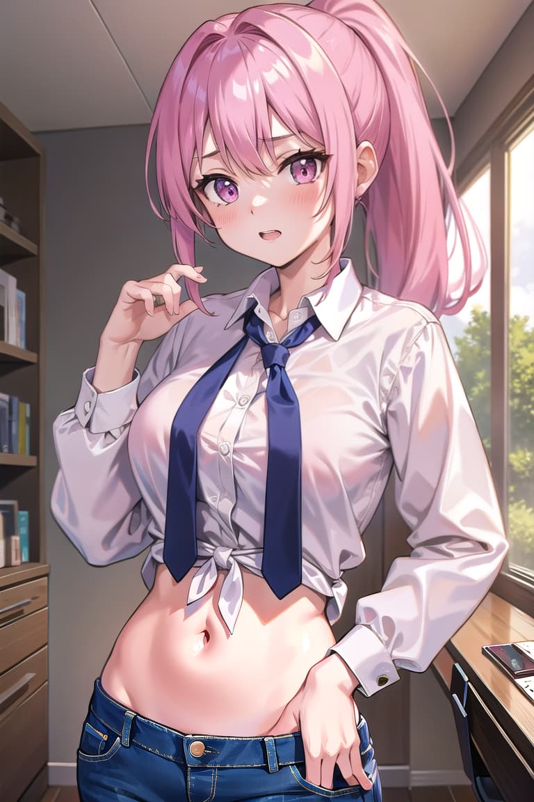  r 18, , middle , pink haired ,ponytail,large eyes,s She wears a cute pink , and her jeans are unoned, hanging low on her hips room, changing clothes,,,front tie 